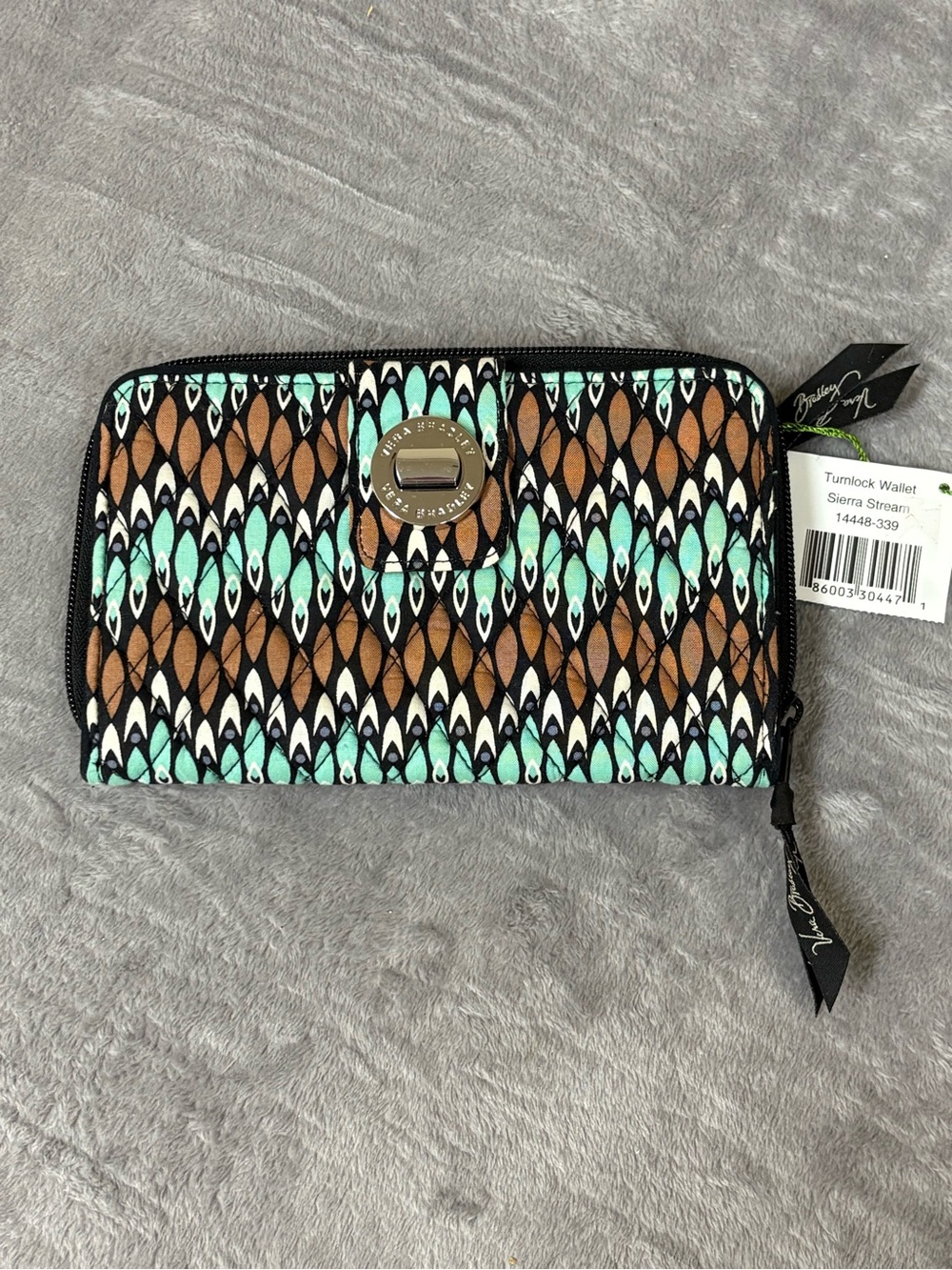 Vera Bradley Sierra Stream Patterned Zip Wallet in Teal, Brown, Black & White